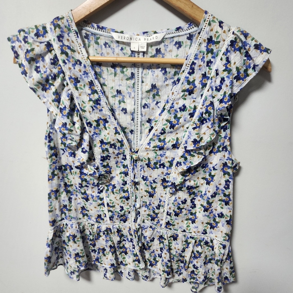 Veronica Beard Araya Blue White Yellow Floral Flutter Camisole Top Shirt 8 M